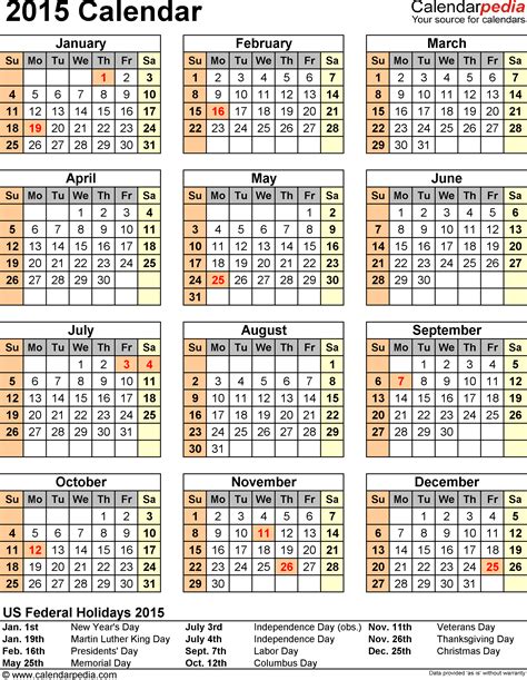 2015 Calendar With Federal Holidays