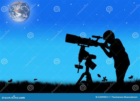 Silhouette Of Little Boy Looking Through A Telescope Stock Illustration