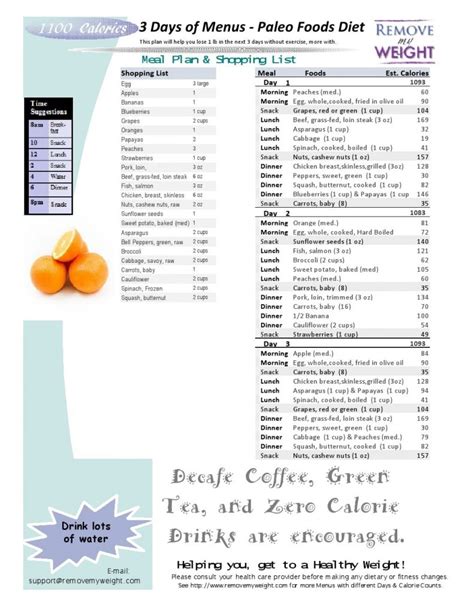 Printable 1100 Calorie Paleo Diet For Weight Loss With Shopping List