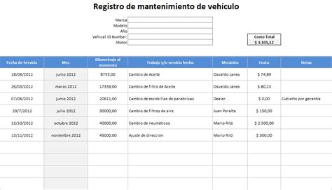 Registro De Mantenimiento De Vehículo En Excel Mantenimiento