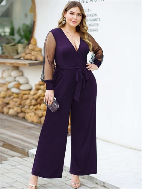 A Fashion Purple Mesh Jumpsuit Features Deep V Neck Long Sleeves And Belt Design Perfect With