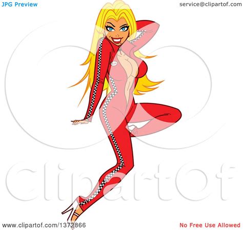 Clipart Of A Sexy Blond White Pinup Woman In A Auto Racing Body Suit