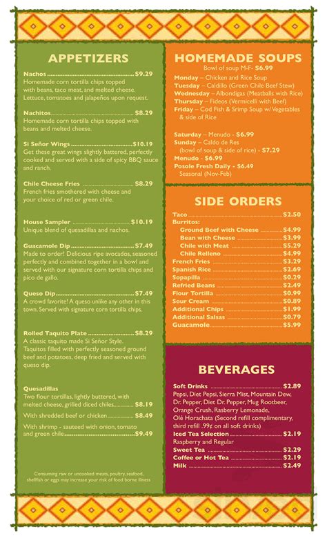 Si Señor Restaurant of Arizona menu in Chandler, Arizona, USA