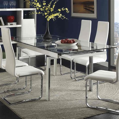 A uniquely designed base adds sculptural whimsy to the setting. Coaster Wexford Rectangular Expandable Glass Dining Set - Chrome 106281-100515BLK-DIN-SET at ...