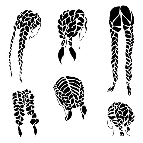Two Braids On Hair Of Different Lengths Ornate Braided Hairstyles Silhouettes Vector
