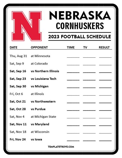 Printable Nebraska Cornhuskers Football Schedule