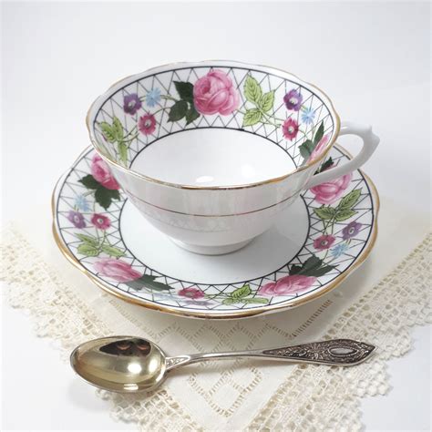Royal Albert Pink Roses On Black Lattice Tea Cup And Saucer Etsy In 2021 Tea Cups Tea Cups