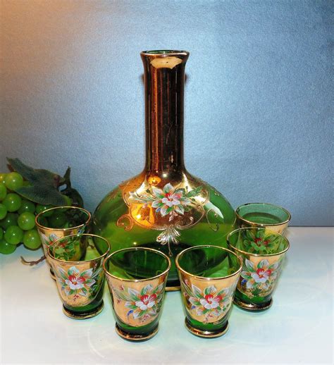 Green Venetian Murano Decanter Set Liquor Bottle And Six Etsy Decanter Set Liquor Bottles