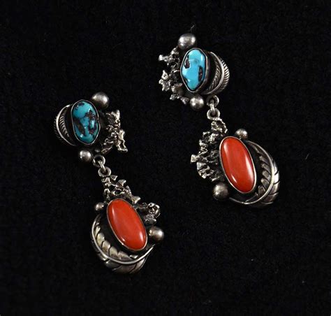 Vintage Silver Turquoise Coral Navajo Earrings Hoel S Indian Shop