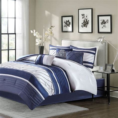 Luxury 7pc Navy Blue And Soft Grey Striped Comforter Set And Decorative