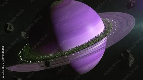 Planet Saturn In Outer Space City Located Along The Rings Of Saturn