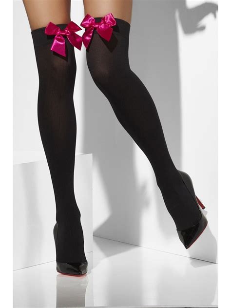 black stockings with fuscia bows