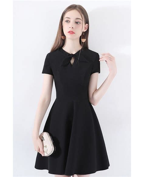 Retro Chic Short Sleeve Little Black Dress With Bow Knot Htx97005