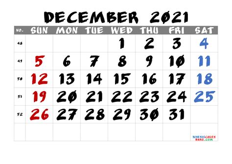 Printable Calendar December 2021 Free 6 Templates