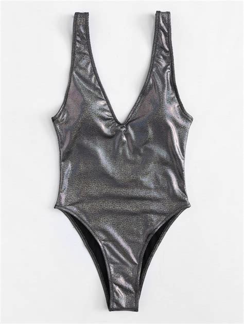 Metallic Low Back Plunge One Piece Swimsuit Size L