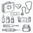 First aid kit sketch illustration. Medicine and healthcare hand drawn ...