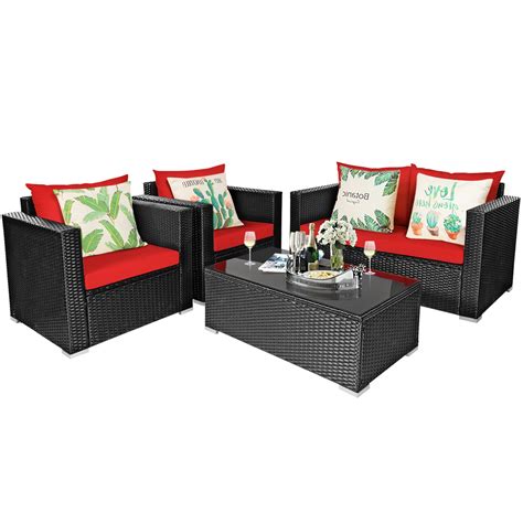 Gymax 4pcs Rattan Patio Conversation Set Outdoor Furniture Set W Red
