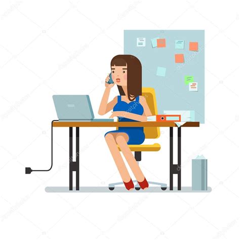 Vector Illustration Of Secretary Sitting At The Table — Stock Vector