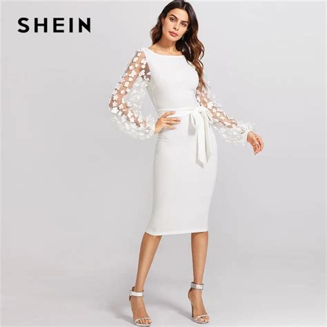 Buy Shein Flower Applique Mesh Sleeve Dress White Boat