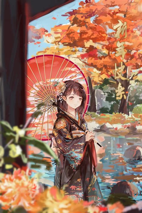 Wallpaper Anime Girls Catzz Fall Kimono Japanese Umbrella Happy