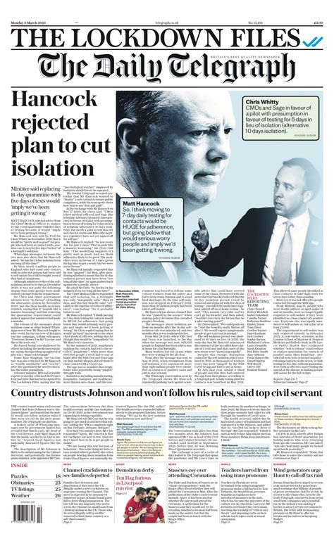 Daily Telegraph Front Page 6th Of March 2023 Tomorrows Papers Today