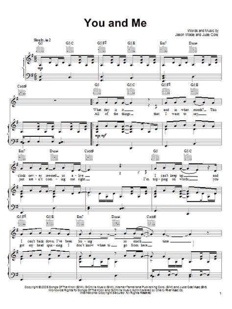 intro g // c // g/f# // g/b // em // d // c verse 1 g c what day is it? You And Me | Sheet Music Direct