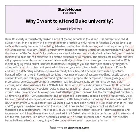 Why I Want To Attend Duke University Free Essay Example