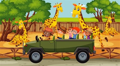 Premium Vector Safari Scene With Many Giraffes And Kids On Tourist Car