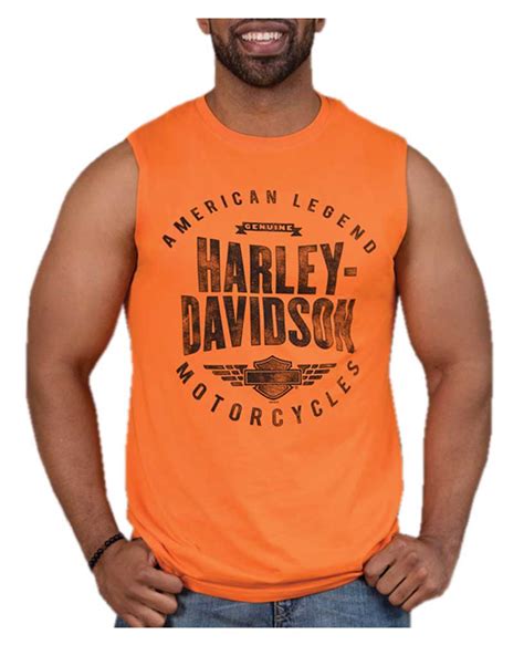 Harley Davidson® Men S Distressed Background Sleeveless Muscle Shirt Orange Wisconsin Harley