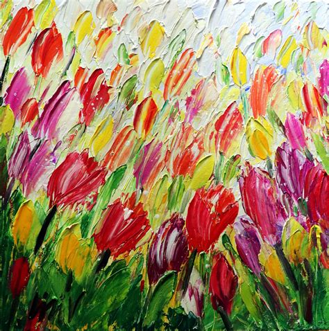 Spring Tulips Colorful Flowers Original Oil Painting Textured Impasto