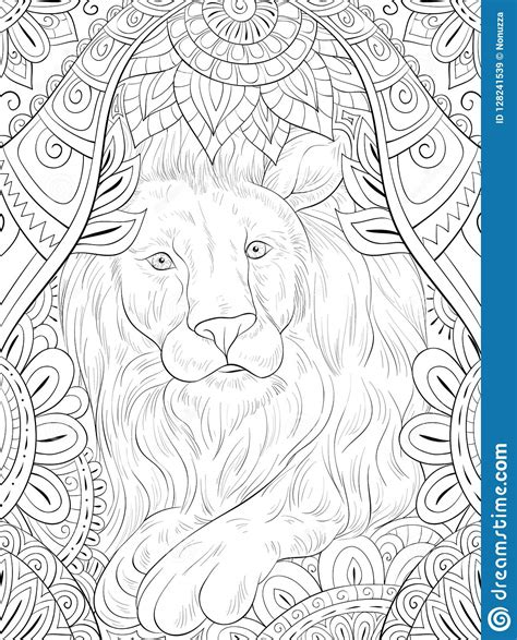 Adult Coloring Bookpage A Cute Lion On The Floral Background For