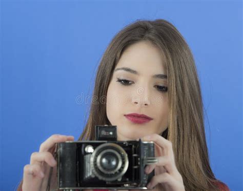 267 Pretty Young Woman Photographer Holding Antique Camera Stock Photos