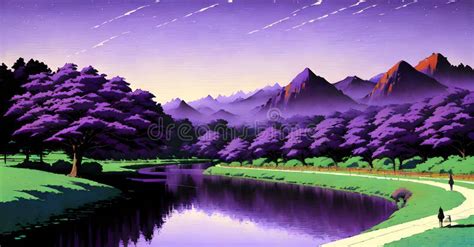 Epic Landscape Forest Water River Sunset Digital Illustration Painting