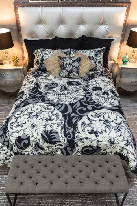 Sugar skull day of the dead flower sku1128 decal/sticker calavera. Black and Grey Scroll Skull CREAM Bedding Collection in ...