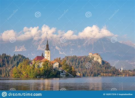 Picturesque View Of The Island On Lake Bled And Bled Castle Stock
