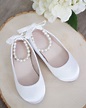 White Satin Flats with Pearls Ankle Strap | Flower girl shoes, Satin ...