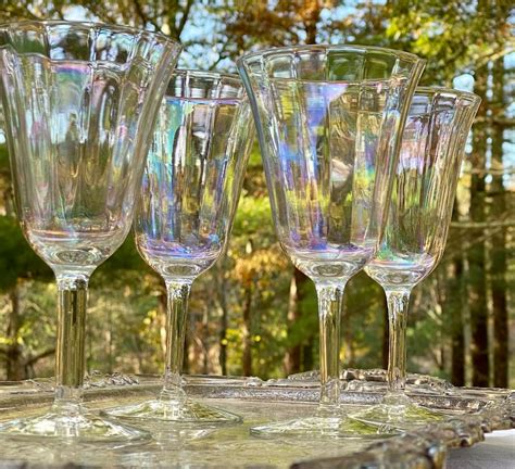 Antique Rainbow Optic Iridescent Wine Glasses Set Of 4 Clear Etsy