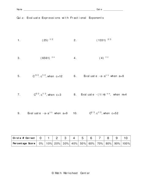 Fractional Exponents Worksheet For 9th Grade Lesson Planet
