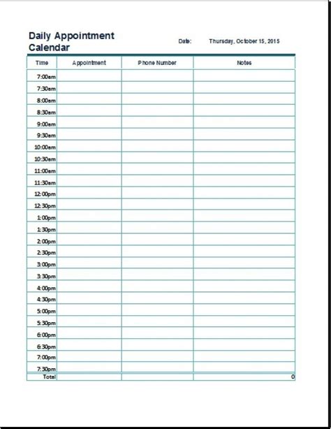Printable Daily Appointment Sheet