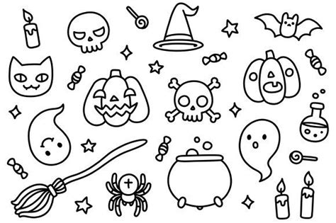 Black And White Halloween Doodles With Pumpkins Bats Skulls Candles