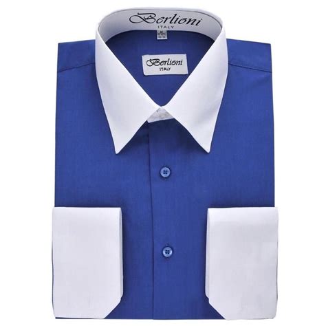 New Berlioni Italy Mens White Collar And Cuffs Two Tone Dress Shirt French Blue Berlioniitaly