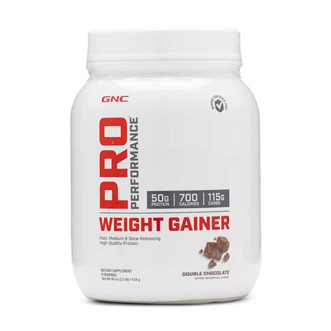 Gnc weight gainer contains 24 scoops per container, 6 servings per container, 700 calories per serving, 50 grams of protein per serving, 117 grams of carbs per serving. GNC Pro Performance Weight Gainer, Double Chocolate, 6 ...