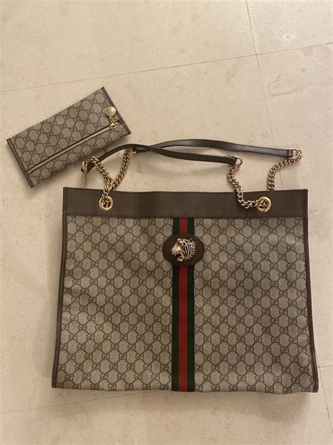 Gucci Rajah Gg Web Tote Beigeebony Canvas Gem