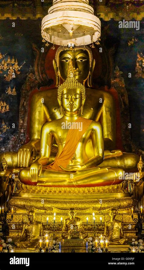Theravada Buddhist Altar With Golden Buddhas Meditating They Are