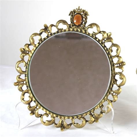 Vintage Pair Of Round Gilt Framed Mirrors With Jewels Hollywood From