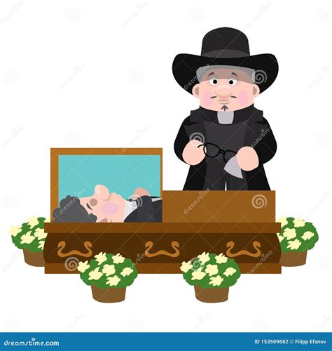 Deceased In Coffin Dead Man Lay In Wooden Casket Corpse In An Cartoon