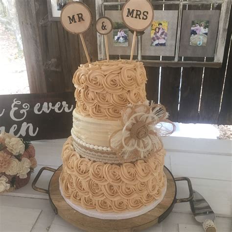 Rustic Wedding Cake With Burlap Ribbon Wlace And A Gorgeous Burlap Bow