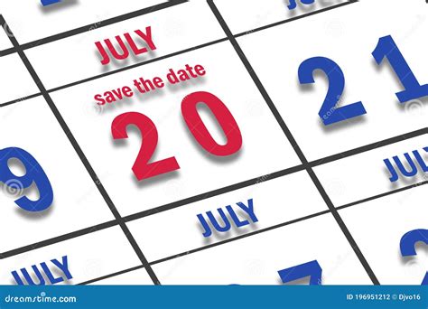 July 20th Day 20 Of Month Date Marked Save The Date On A Calendar