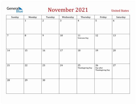 November 2021 United States Monthly Calendar With Holidays