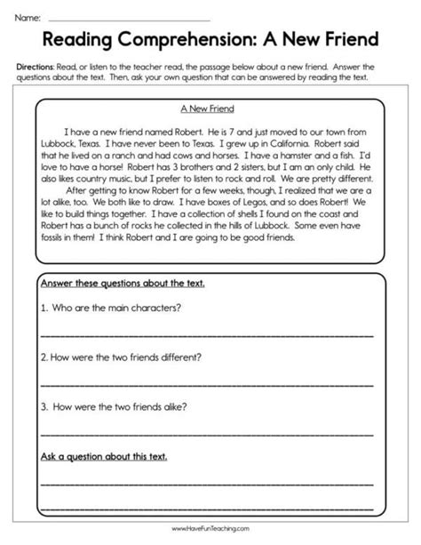 Friendship Character Reading Comprehension Worksheets